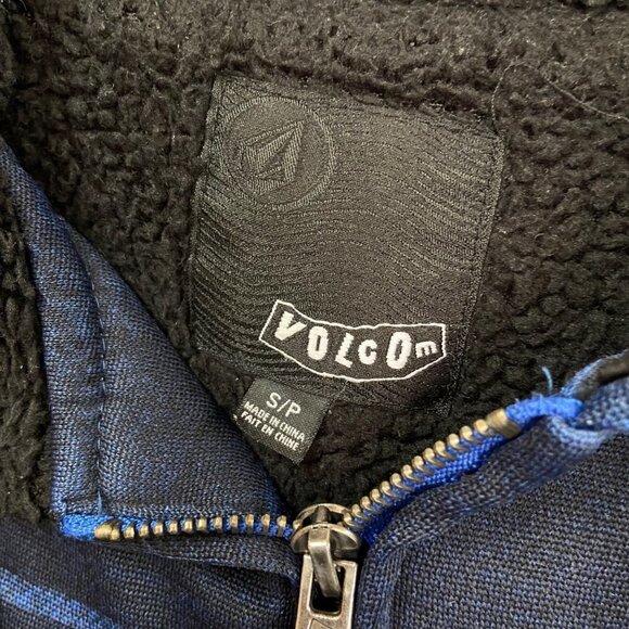 VOLCOM Hooded Fleece Lined Zipper Jacket Black Navy Stripe, Men's S - Picture 4 of 7